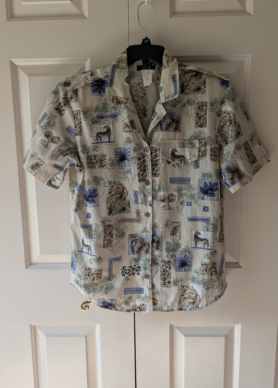 Tapestry Safari Animal Print Button Up Shirt Shoulder Pads Size S